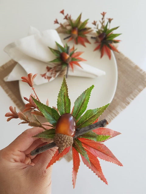 Acorn Napkin Rings|Fall Trend Napkin Ring|Acorn with Maple Leaves|Autumn Napkin Ring|Fall Decor|Farmhouse Tablecenterpiece|Rustic Tablescape