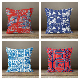 Far East Pillow Case|Geometric Design Pillow Cover|Decorative Nautical Cushions|Marine Throw Pillow|Blue and Red Home Decor|Nautical Decor