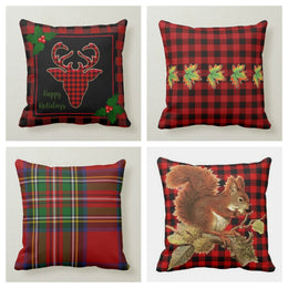 Red Fall Pillow Cases|Plaid Cushion Cover|Red Checkered Pillow Cover|Housewarming Squirrel Decor|Farmhouse Style|Buffalo Check Home Decor