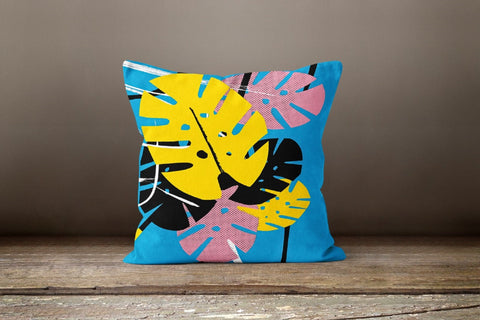 Decorative Pillow Cover|Art Deco Style Pillow Cover|Blue Yellow Cushion Case|Housewarming Throw Pillow Cover|Farmhouse Leaves Home Decor
