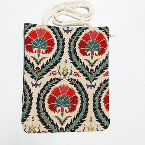 Turkish Tulip Tile Pattern Shoulder Bags|Tapestry Fabric Handmade Bag|Handmade Shoulder Bag|Rug Design Tote Bag|Vintage Style Carpet Bag