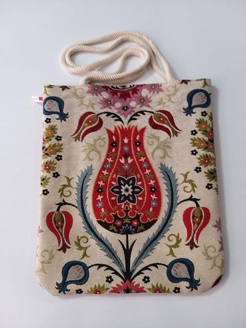 Turkish Tulip Tile Pattern Shoulder Bags|Tapestry Fabric Handmade Bag|Handmade Shoulder Bag|Rug Design Tote Bag|Weekender Handmade Bag