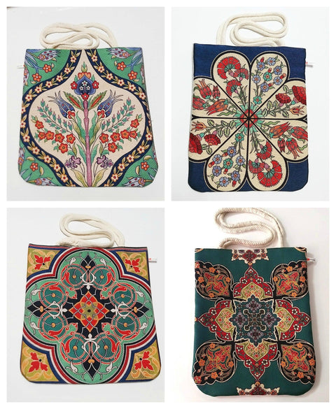 Turkish Tulip Tile Pattern Shoulder Bags|Tapestry Fabric Handmade Bag|Handmade Shoulder Bag|Rug Design Tote Bag|Tapestry Woman Handmade Bag