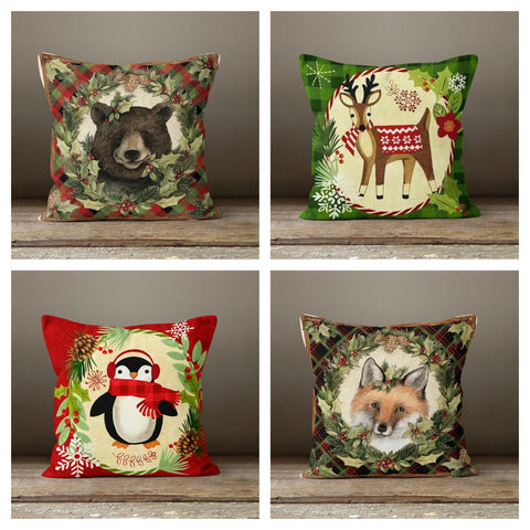 Christmas Pillow Cover|Animals Decoration|Winter Pillow Case|Forest Animal Decor|Outdoor Pillow Cover|Bear Deer Penguin Fox Pillow Cover