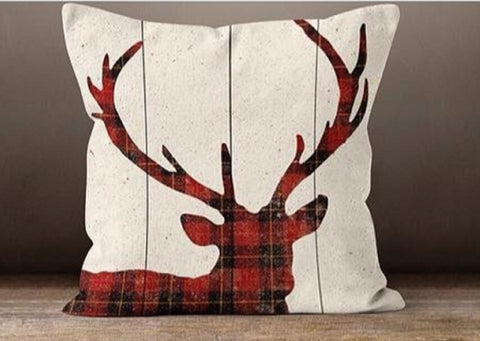 Christmas Pillow Covers|Buffalo Plaid Christmas Deer Cushion Case|Decorative Merry Christmas Pillow|Xmas Buckhorn Home Decor|Xmas Gift Ideas