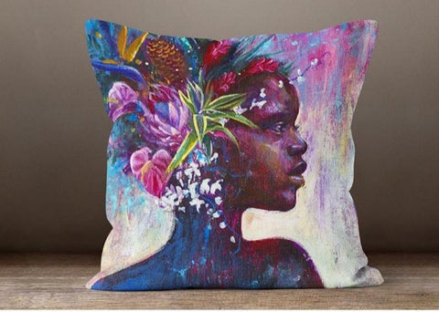 Floral Pillow Covers|African Girl Cushion Case|Decorative Outdoor Throw Pillow|Bedding Home Decor|Farmhouse Style Pillow Case|Purple Flowers