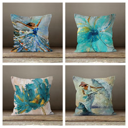 Floral Pillow Cover|Woman Dance Pillow Cover|Decorative Turquoise Watercolor Rain Pillow Case|Bedding Home Decor|Abstract Housewarming Decor