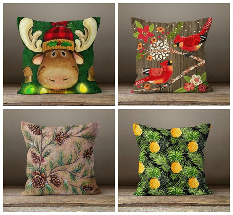 Christmas Pillow Cover|Birds Throw Pillow|Winter Pillow Case|Xmas Gift Ideas|Outdoor Pillow Cover|Housewarming Gift|Cartoon Deer Pillow Case