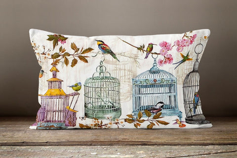 Floral Bird Pillow Case|Bird Cage Pillow Cover|Decorative Floral Cushion Case|Square Rectangle Housewarming Pillow|Farmhouse Cushion Case
