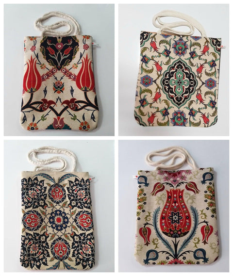 Turkish Tulip Tile Pattern Shoulder Bags|Tapestry Fabric Handmade Bag|Handmade Shoulder Bag|Rug Design Tote Bag|Weekender Handmade Bag