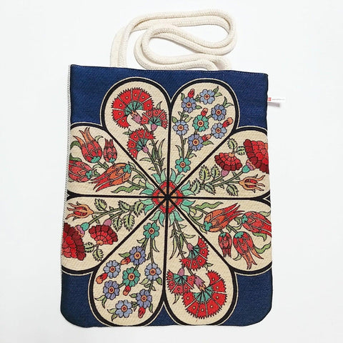 Turkish Tulip Tile Pattern Shoulder Bags|Tapestry Fabric Handmade Bag|Handmade Shoulder Bag|Rug Design Tote Bag|Tapestry Woman Handmade Bag