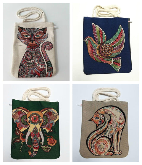 Animals Tapestry Shoulder Bags|Fabric Handmade Bag|Woven Shoulder Bag|Cat Pigeon Elephant Print Tote Bag|Gobelin Cat Love Bag|Gift Bag