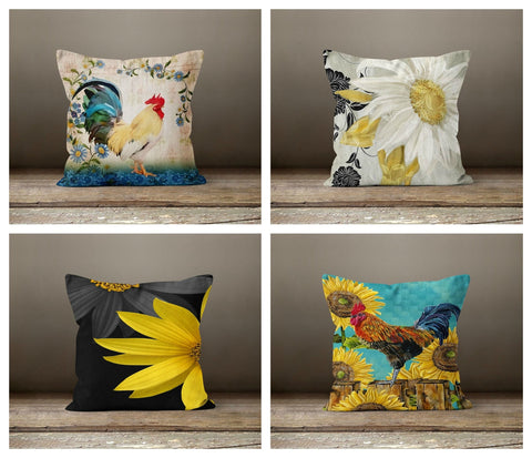 Rooster Pillow Case|Sunflower Print Boho Pillow Cover|Housewarming Farmhouse Throw Pillow|Outdoor Cushion Case|Animal Print Pillow Cover