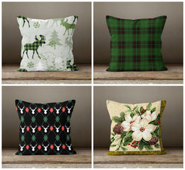 Christmas Pillow Covers|Green Buffalo Plaid Cushion|Decorative Winter Throw Pillow|Outdoor Xmas Deer Pillow Cover|Xmas Poinsettia Pillow