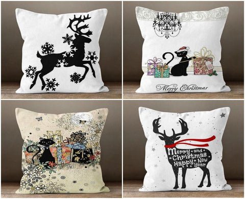 Christmas Pillow Cover|Xmas Deer Cushion Case|Black White Pillow Case|Xmas Home Decor|Xmas Gift Ideas|Deer Design Cover|Cats Xmas Gift Decor