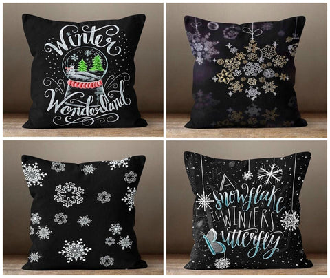 Christmas Pillow Cover|Black Christmas Decor|Decorative Winter Pillow Case|Floral Snowflake Xmas Throw Pillow|Xmas Gift|Outdoor Pillow Cover