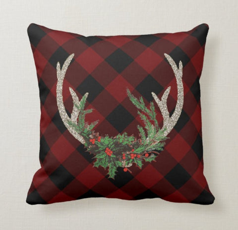 Christmas Pillow Top|Checkered Xmas Deer Cushion Case|Decorative Buckhorn Pillow Case|Xmas Home Decor|Buffalo Plaid Pillow|Xmas Tree Pillow