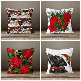 Christmas Pillow Covers|Christmas Flower Decor|Dogs Santa Hat Pillow Case|Xmas Throw Pillow|Xmas Gift| Cover|Xmas Poinsettia Pillow Cover