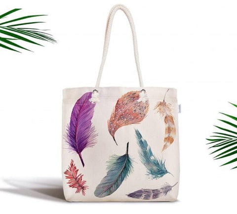 Fabric Shoulder Bag|Feather Print Fabric Bag|Cute Special Design Handbag|Beach Shoulder Bag|Fabric Shopping Tote Bag|Digital Print Women Bag