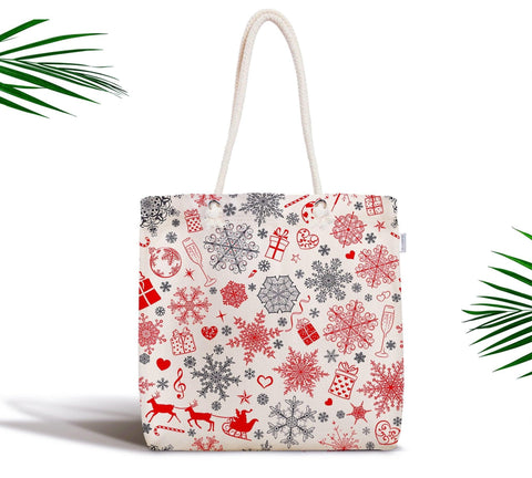 Snowflake Shoulder Bag|Winter Trend Fabric Bag|Cute Special Design Handbag|Beach Tote Bag|Silver Snowflakes Handbag|Boho Style Women&