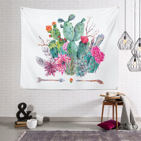 Floral Cactus Wall Tapestry|Colorful Succulent Wall Hanging Art|Desert Plant Tapestry|Modern Pink Green Cactus Fabric Wall Art|Gift for Her