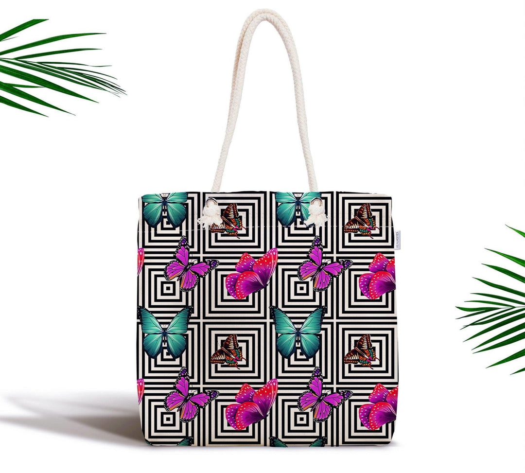 Butterflies Shoulder Bag|Colorful Butterflies Beach Tote Bag|Valentine&#39;s Day Gift for Her|Summer Trend Fabric Bag|Boho Style Messenger Bag