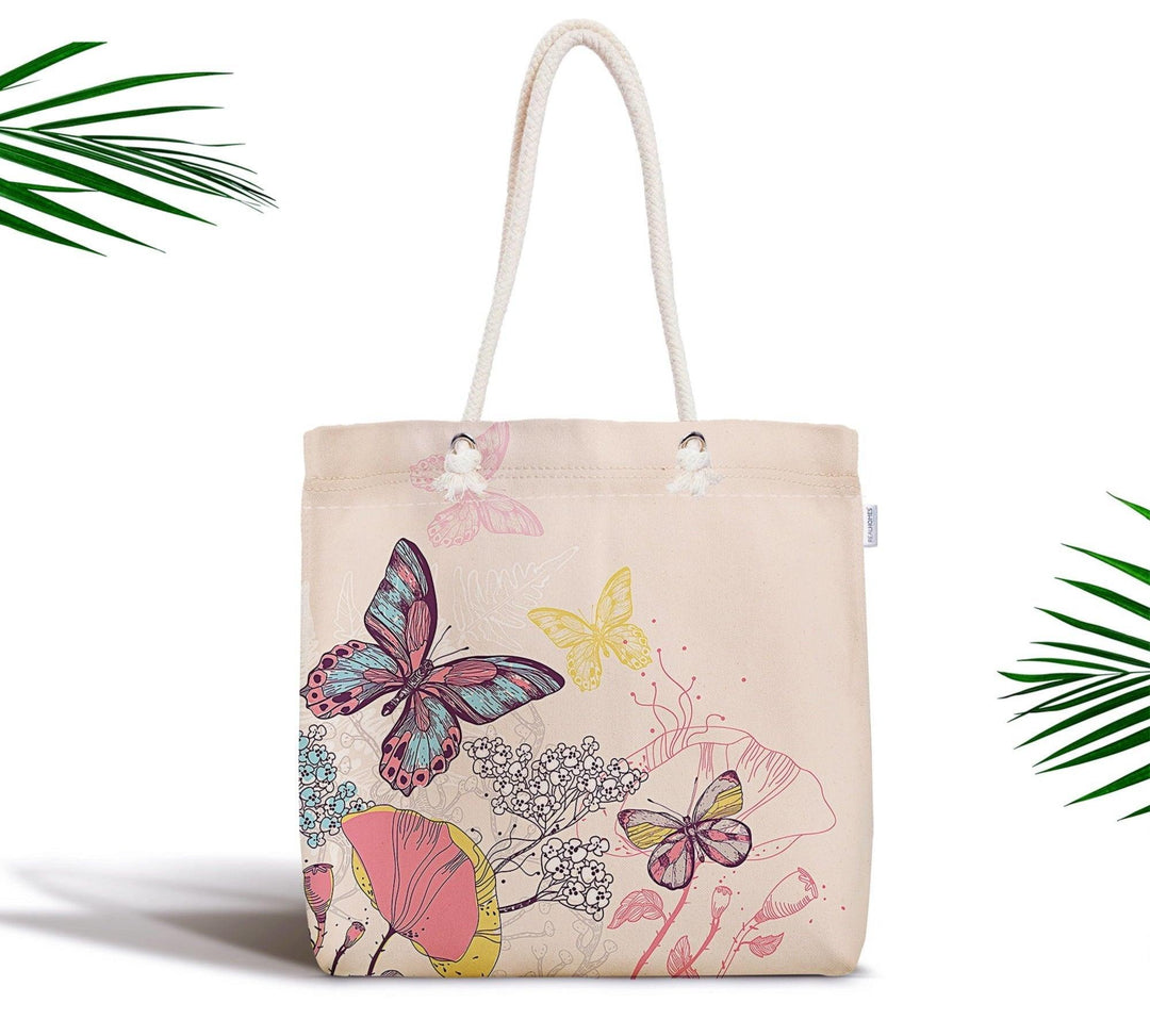 Butterflies Shoulder Bag|Colorful Butterflies Beach Tote Bag|Valentine&#39;s Day Gift for Her|Summer Trend Fabric Bag|Boho Style Messenger Bag