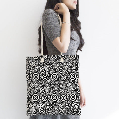 Black and White Fabric Shoulder Bag|Special Geometric Design Handbag|Black Beach Tote Bag|Daily Shoulder Bag with Inner Pocket|Black Purse