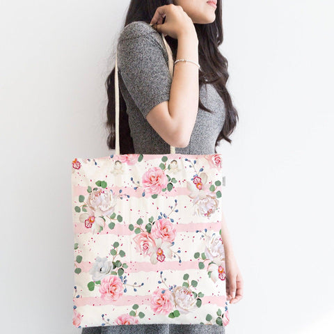 Floral Shoulder Bag|Fabric Handbag with Flowers|Floral Bike Handbag|Rosy Beach Tote Bag|Summer Trend Roses Messenger Bag|Gift for Her