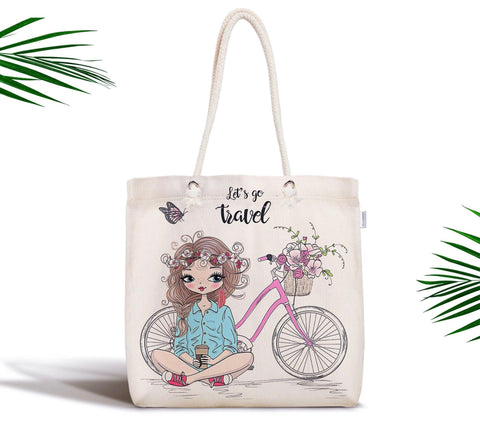 Floral Shoulder Bag|Fabric Handbag with Flowers|Floral Bike Handbag|Rosy Beach Tote Bag|Summer Trend Roses Messenger Bag|Gift for Her