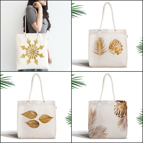 Gold Color Leaves Fabric Bag|Gold Color Crystal Shoulder Bag|Cosmetic Bag On White Background|Beach Bag|Custom Wedding Gift|Gift for Her