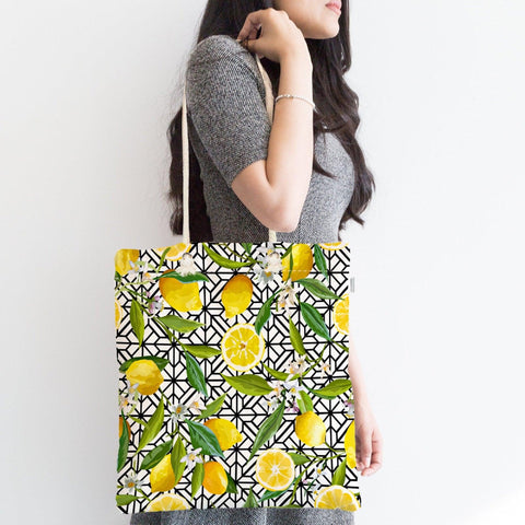 Floral Lemon Shoulder Bag|Summer Trends Fabric Bag|Lemon Shopping Bag|Fresh Citrus Bag|Lemon Beach Tote Bag|Gift for Her|Yellow Lemon Bag