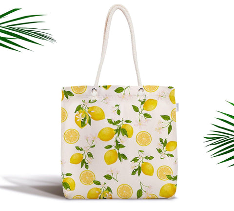Floral Lemon Shoulder Bag|Summer Trends Fabric Bag|Lemon Shopping Bag|Fresh Citrus Bag|Lemon Beach Tote Bag|Gift for Her|Yellow Lemon Bag