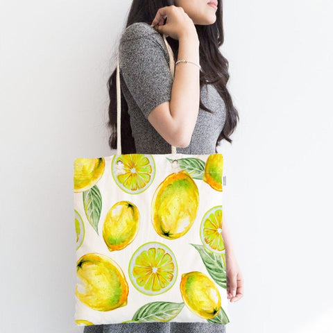 Floral Lemon Shoulder Bag|Summer Trends Fabric Bags|Lemon Shopping Bag|Fresh Citrus Bag|Lemon Beach Tote Bag|Gift for Her|Yellow Lemon Bag