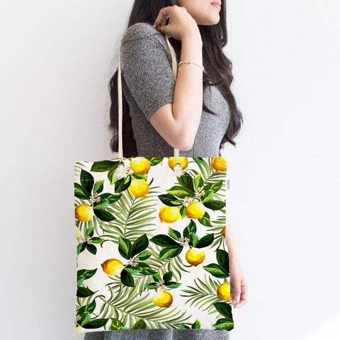 Floral Lemon Shoulder Bag|Summer Trend Fabric Bag|Lemon Shopping Bag|Fresh Citrus Bag|Lemon Beach Tote Bag|Gift for Her|Yellow Lemon Bag