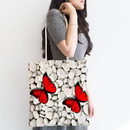 Butterflies Shoulder Bag|Colorful Butterflies and Pebbles Beach Tote Bag|Valentine&#39;s Day|Summer Trend Fabric Bag|Boho Style Messenger Bag