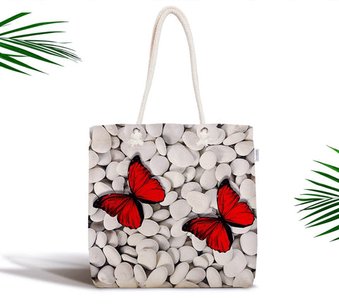 Butterflies Shoulder Bag|Colorful Butterflies and Pebbles Beach Tote Bag|Valentine&