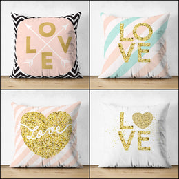 Love Throw Pillow Cover|Powder Pink and Gold Valentine's Day Cushion|Romantic Love Arrow Home Decor|Anniversary Gift Pillow for Her or Him