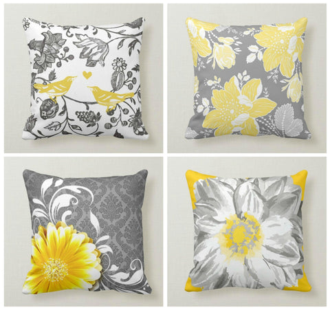 Yellow Floral Pillow Cover|Yellow Bird on Tree|Decorative Throw Lumbar Case|Bedding Home Decor|Housewarming Cushion Case|Farmhouse Pillow