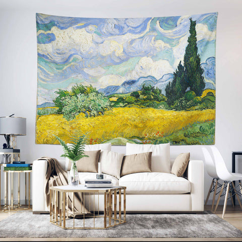 Wheat Field with Cypresses by Van Gogh Tapestry|Vincent Van Gogh Wall Tapestry|Landscape Wall Hanging Art|Masterpiece Fabric Wall Art