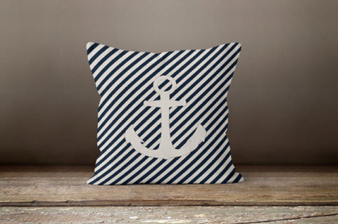 Nautical Pillow Cover|Anchor Throw Pillow Case|Navy Marine Pillow|Decorative Ship Compass Wheel Navy Home Decor|Striped Navy Porch Pillow