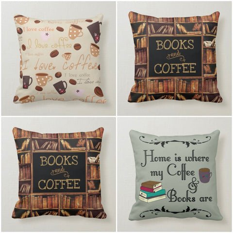 Coffee Pillow Cover|Books and Coffee Cushion Case|Decorative Coffee Lumbar Pillow|I love Coffee Home Decor|Housewarming Boho Throw Pillow