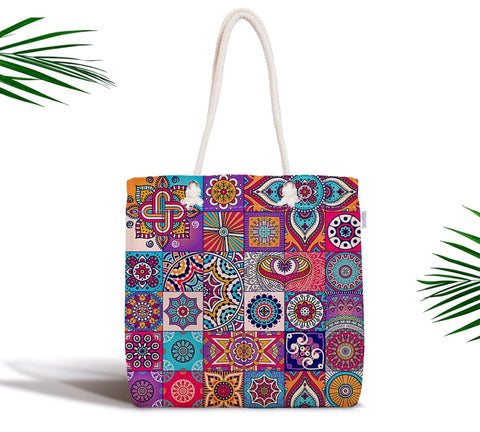 Ethnic Fabric Shoulder Bag|Mosaic Pattern Handbag|Geometric Design Tote Bag|Beach Shoulder Bag|Bohemian Picnic Bag|Vintage African Bag