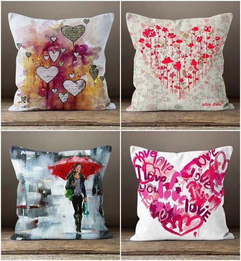 Love Throw Pillow Cover|February 14 Home Decor|Romantic Gift for Sweetheart|Valentine Cushion with Red Purple Heart Painting|Amour Decor