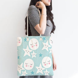 Cloud Design Shoulder Bag|Valentine&#39;s Day Gift|Blue Moon and Star Purse|Pink and Gray Beach Tote Bag|Shopping Handbag|Picnic Fabric Bag