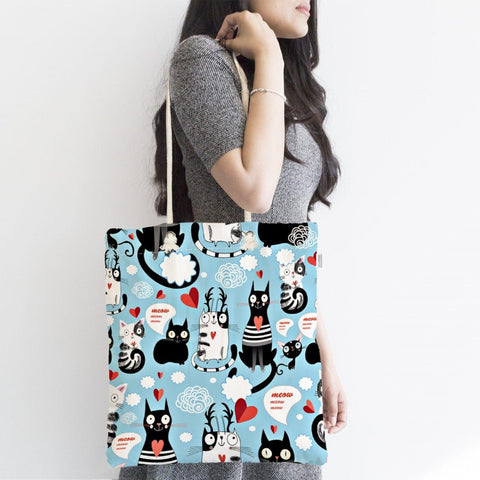 Cute Cats Shoulder Bag|Cat Print Fabric Bag|Cute Cats Special Design Handbag|Beach Shoulder Bag|Digital Print Animal Love Messenger Bag