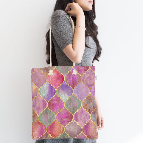 Pink Fabric Shoulder Bag|Special Geometric Design Handbag|Pink Beach Tote Bag|Daily Shoulder Bag with Inner Pocket|Ombre Design Shopping Bag