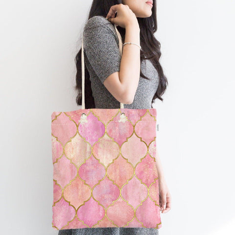 Pink Fabric Shoulder Bag|Special Geometric Design Handbag|Pink Beach Tote Bag|Daily Shoulder Bag with Inner Pocket|Ombre Design Shopping Bag