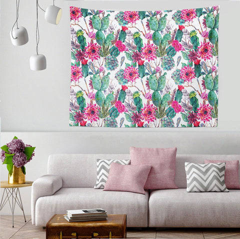 Floral Cactus Wall Tapestry|Colorful Succulent Wall Hanging Art|Desert Plant Tapestry|Modern Pink Green Cactus Fabric Wall Art|Gift for Her