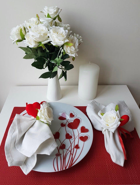 Love Napkin Ring|White Rose Red Heart Napkin Ring|Table Centerpiece|Floral Napkin Holder|Valentine&